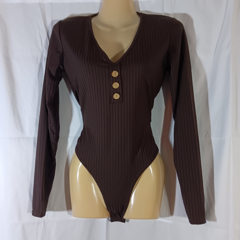 PLT NWT Womens 4 Bodysuit Chocolate Brown Ribbed Long Sleeve